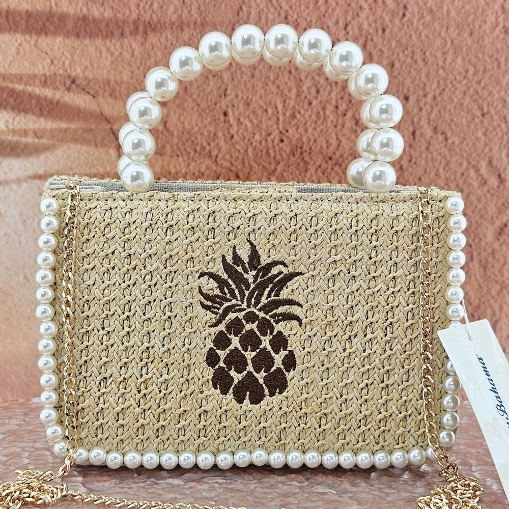 Tommy Bahama Pineapple Mini Tote Bag Natural Woven Faux Pearl Gold Chain Boho